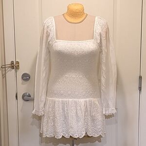 NWT LoveShackFancy XL Jayce 100% Indian Cotton Smocked Ajouré Design Mini Dress